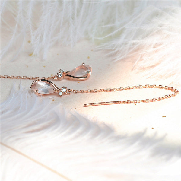 Rose Quartz Drop Earrings Threader Earrings Gold Plated Silver Jewelry For Women
