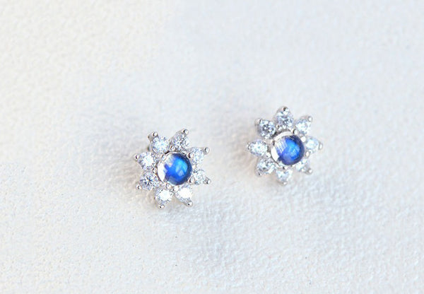 Moonstone Stud Earrings in White Gold Plated Sterling Silver Handmade Jewelry Women