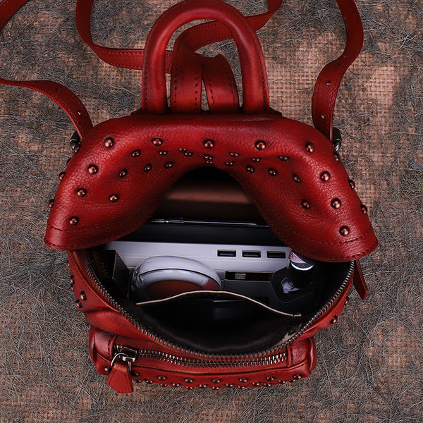 Women's Mini Leather Backpack Purse With Rivets Leather Rucksack For Women