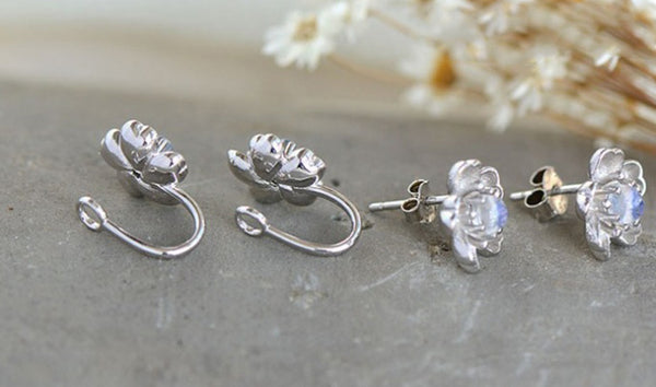 Moonstone Stud Earrings Clip Earrings in White Gold Plated Silver Jewelry Women