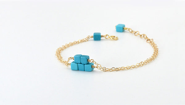 Double Strand Turquoise Bead Bracelet in 14K Gold Handmade Jewelry Women