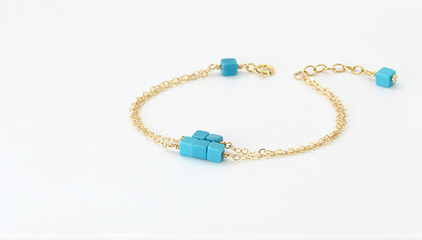 Double Strand Turquoise Bead Bracelet in 14K Gold Handmade Jewelry Women