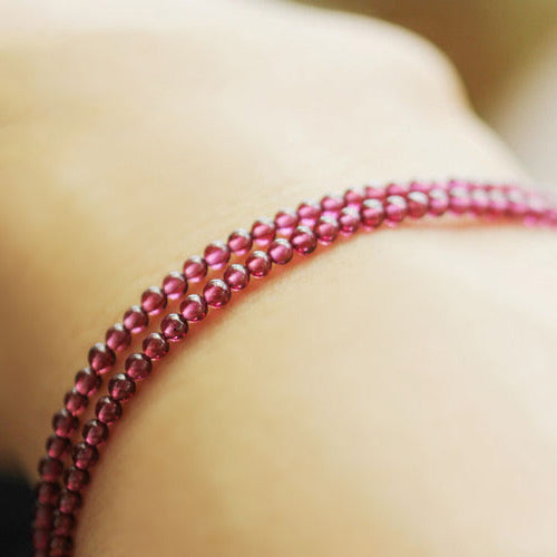 Double Strand Garnet Silver Beaded Bracelet Handmade Birthstone Jewelry for Women