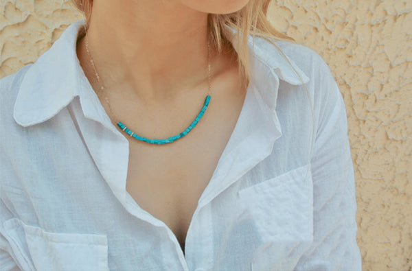 Turquoise Bead Pendant Necklace in 14K Gold Handmade Jewelry Women Accessories