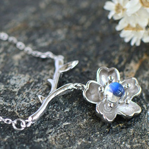 Moonstone Sakura Pendant Necklace in White Gold Plated Silver Jewelry Accessories Women