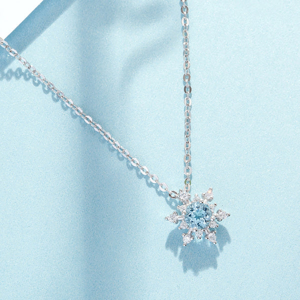 Aquamarine Snowflake Pendant Necklace with Diamond Halo in White Gold Plated Sterling Silver For Women Fashion