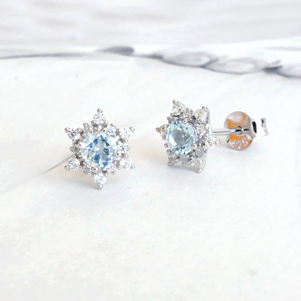 Aquamarine Snowflake Stud Earrings with Diamond Halo in White Gold Plated Sterling Silver
