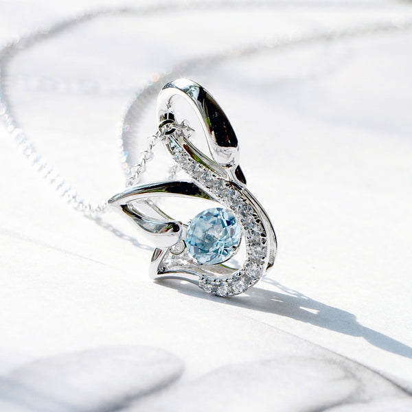 Aquamarine Swan Pendant Necklace White Gold Women