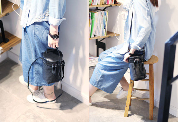 Black Leather Bucket Bag Womens Handbags Crossbody Bags for Women Handmade