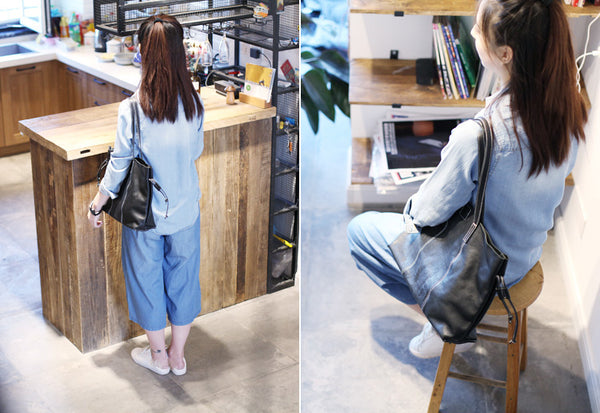 Black Leather Womens Tote Bag Handbags Shoulder Bag for Women Handmade