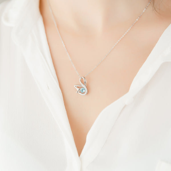 Blue Aquamarine Swan Pendant Necklace White Gold Plated Sterling Silver For Women