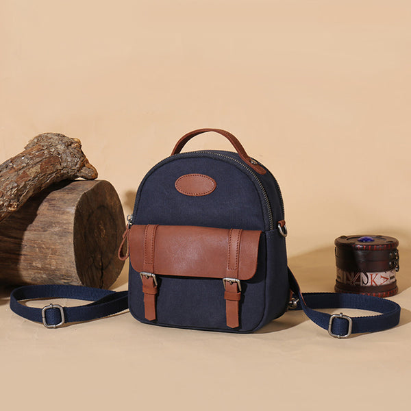 Small Womens Blue Canvas Leather Handbag Rucksack Backpack Purse for Women