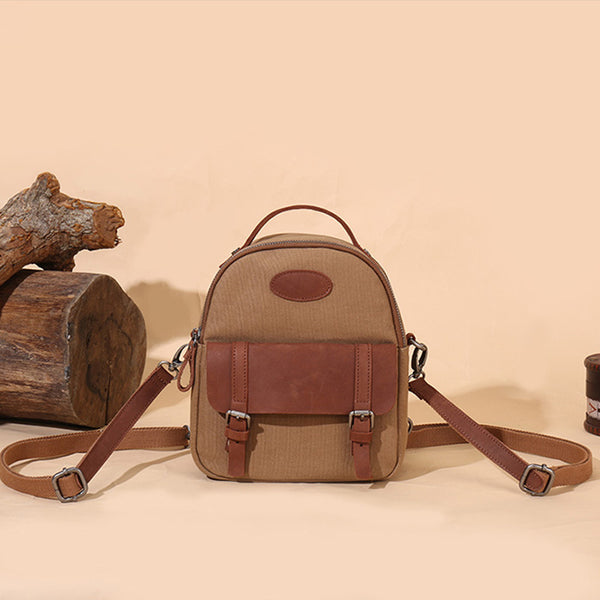 Blue Canvas Leather Handbag Small Rucksack Backpack Purse for Women Brown