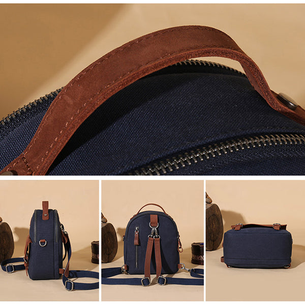 Blue Canvas Leather Handbag Small Rucksack Backpack Purse for Women Durable