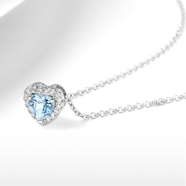 Blue Heart Aquamarine Pendant Necklace in White Gold Plated Silver Women