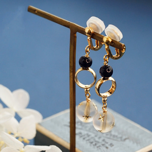 Blue Sandstone Stud Clip Earrings Gold Unique Handmade Jewelry Women adorable