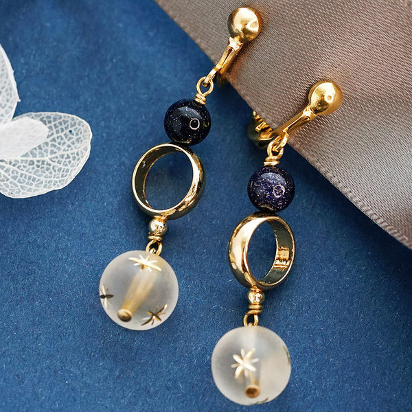 Blue Sandstone Stud Clip Earrings Gold Unique Handmade Jewelry Women