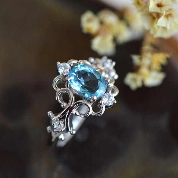 Blue-Topaz Gold Silver Ring November Birthstone Handmade Jewelry