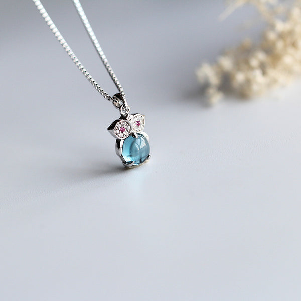 Cute Owl Topaz Pendant Necklace White Gold Plated Silver Handmade Gemstone Jewelry Women