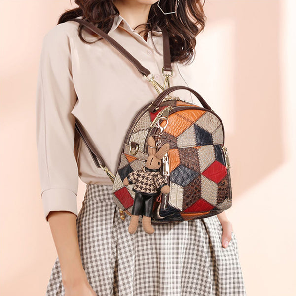 Boho Ladies Leather Small Backpack Purses Leather Rucksack For Women Casual