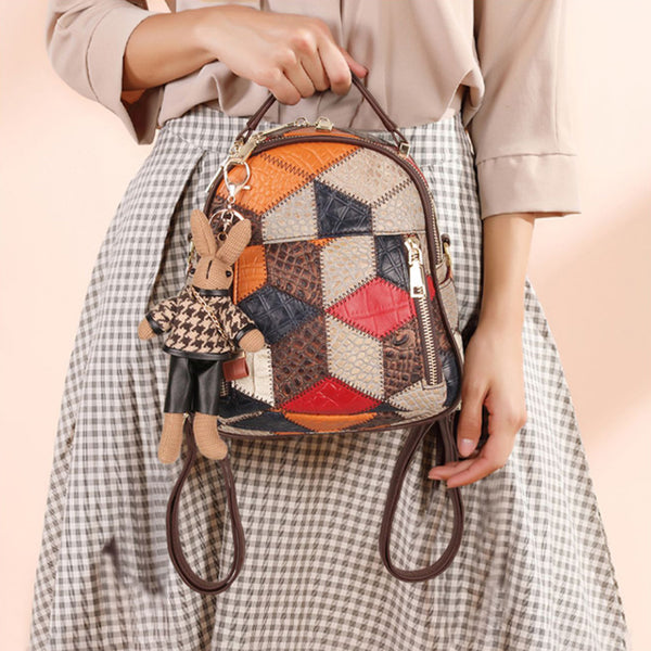 Boho Ladies Leather Small Backpack Purses Leather Rucksack For Women Chic