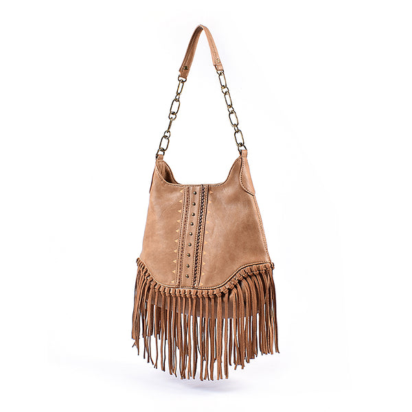 Boho Ladies Western Vegan Leather Purses With Suede Leather Fringe Shoulder Handbags for Women