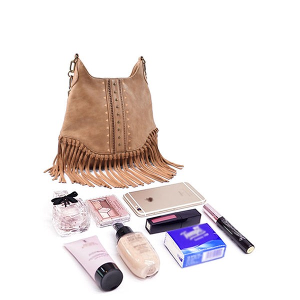 Boho Ladies Western Vegan Leather Purses With Suede Leather Fringe Shoulder Handbags for Women Brown