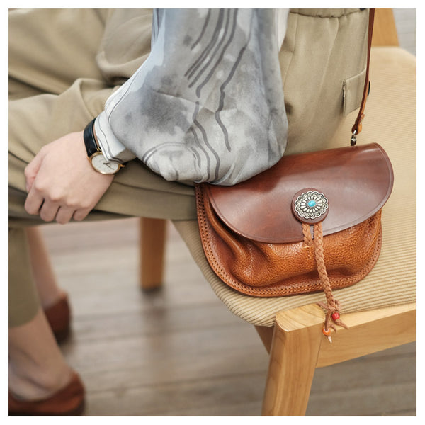 Boho Women's Brown Leather Crossbody Saddle Bag Satchel Bag For Women Accessories