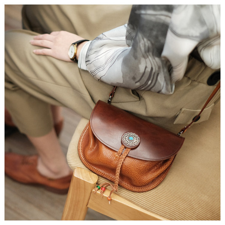 Boho Women's Brown Leather Crossbody Saddle Bag Satchel Bag For Women Affordable