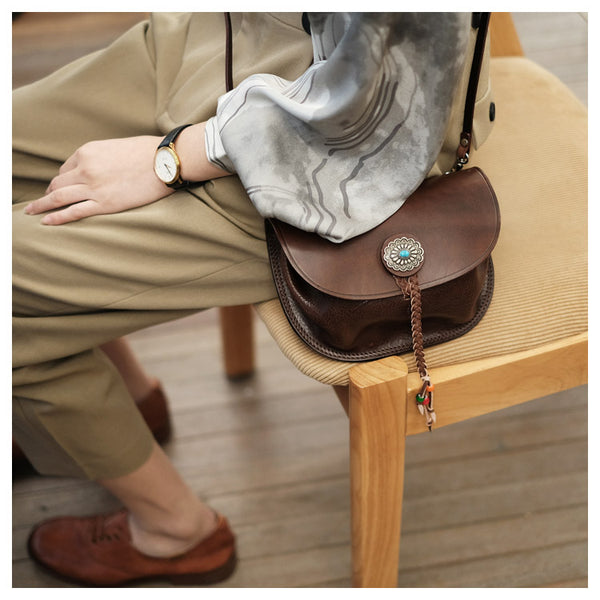 Boho Women's Brown Leather Crossbody Saddle Bag Satchel Bag For Women Badass