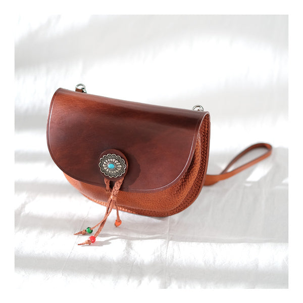 Boho Women's Brown Leather Crossbody Saddle Bag Satchel Bag For Women Chic