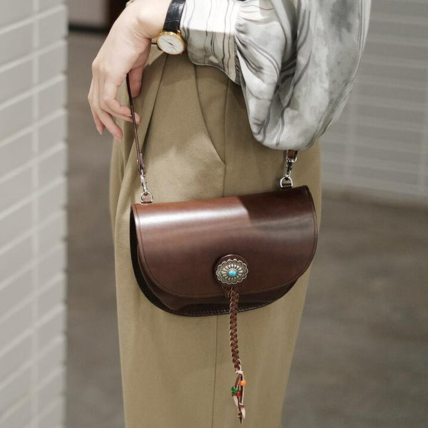 Boho Women's Brown Leather Crossbody Saddle Bag Satchel Bag For Women Cool