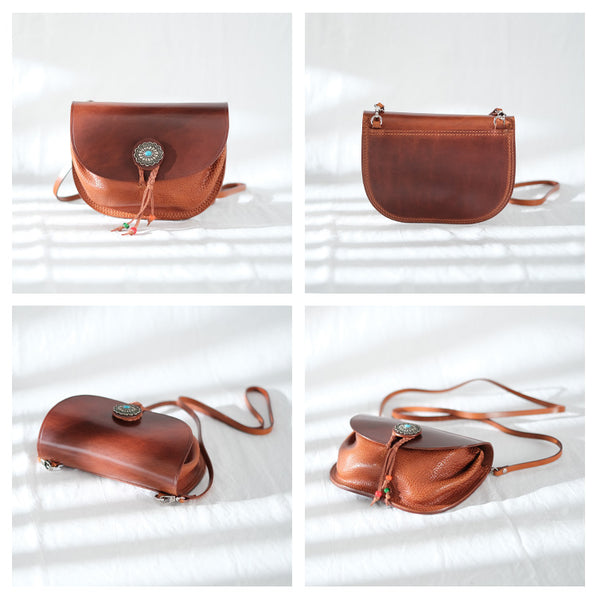 Boho Women's Brown Leather Crossbody Saddle Bag Satchel Bag For Women Cowhide