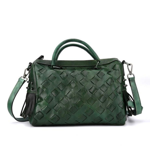 Women's Woven Leather Handbag Purse With Fringe Boho Purses For Women