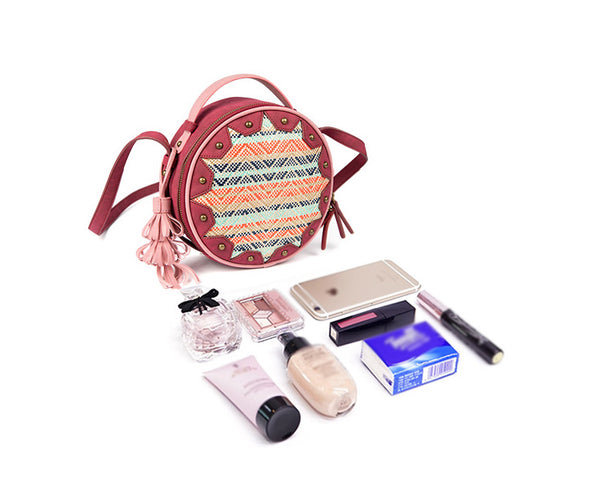 Boho Women's PU Leather Circle Bag Crossbody Sling Bag Purse For Ladies Fashion