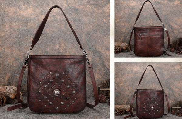 Boho Women's Rivets Leather Crossbody Satchel Purse Tote Handbags for Women Cowhide