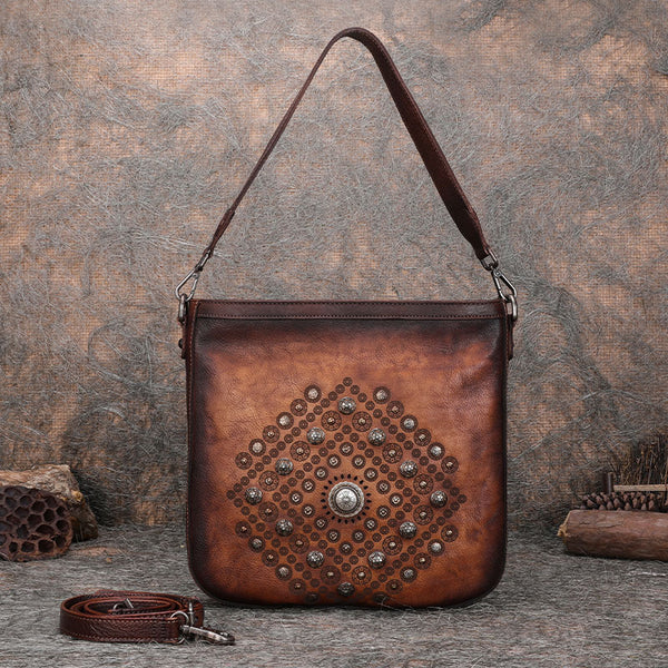 Boho Women's Rivets Leather Crossbody Satchel Purse Tote Handbags for Women