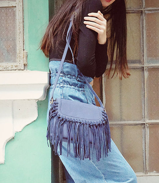 Boho Women's Vegan Leather Fringe Crossbody Sling Bag Purse Satchel Bag For Women Chic