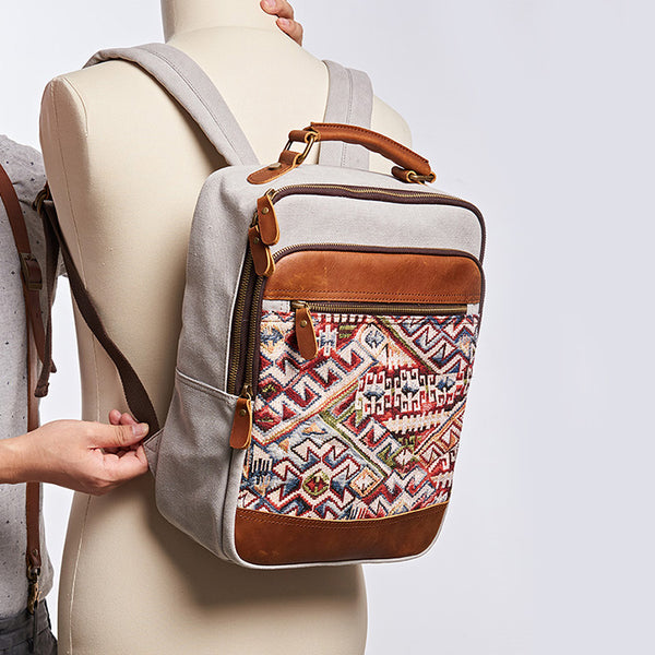 Boho Womens Canvas Leather Backpack Purse Embroidered Canvas Rucksack Bag for Women