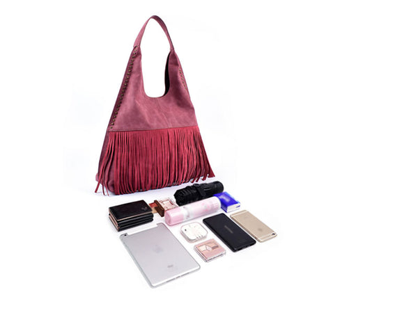 Boho Womens Fringe PU Leather Handbags Shoulder Purse  for Women Cowhide