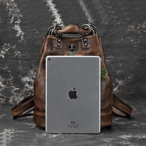 Boho Womens Genuine Leather Backpack Purse Small Shoulder Bag for Women Vintage