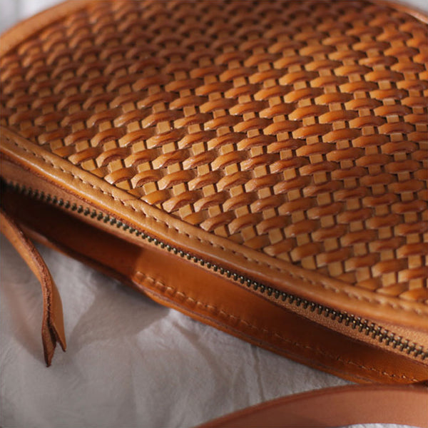 Boho Womens Half Round Brown Leather Braided Crossbody Purse Small Shoulder Bag for Women Brown