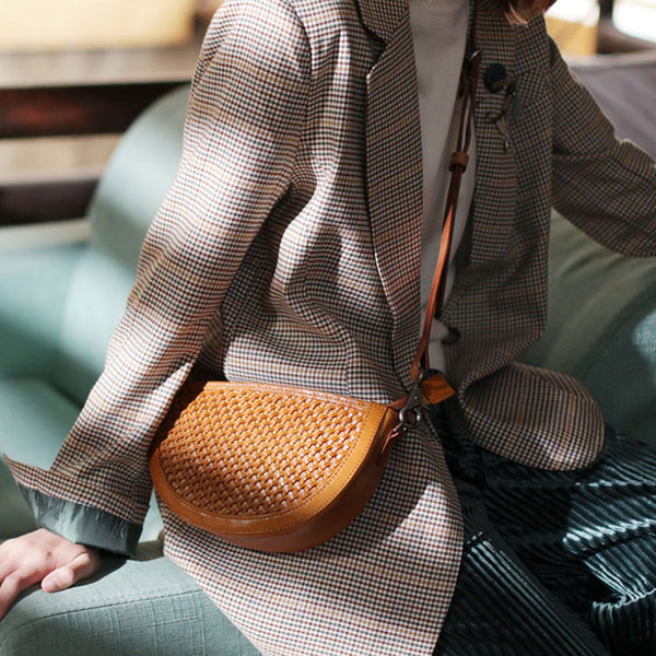 Boho Womens Half Round Brown Leather Braided Crossbody Purse Small Shoulder Bag for Women Cool