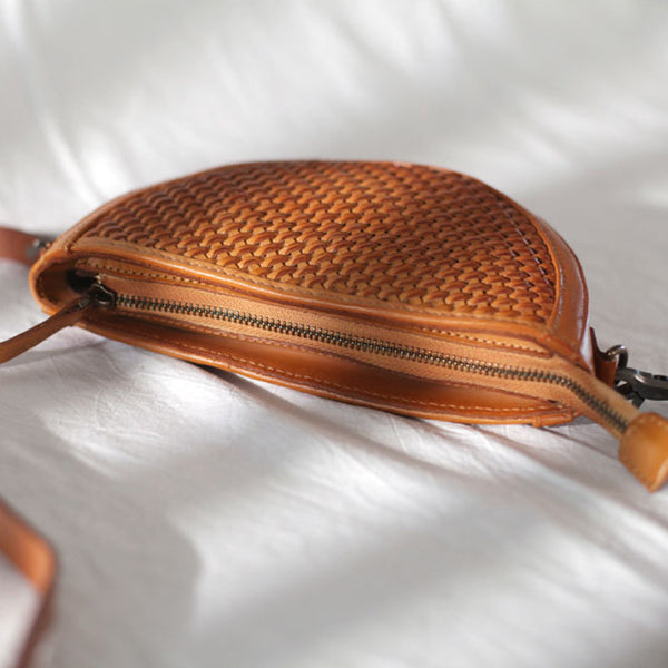 Boho Womens Half Round Brown Leather Braided Crossbody Purse Small Shoulder Bag for Women Durable