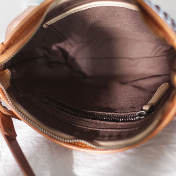 Boho Womens Half Round Brown Leather Braided Crossbody Purse Small Shoulder Bag for Women Handmade