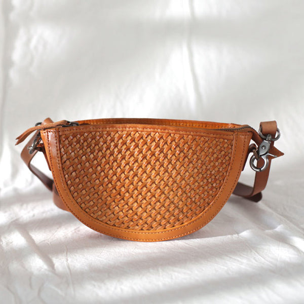 Boho Womens Half Round Brown Leather Braided Crossbody Purse