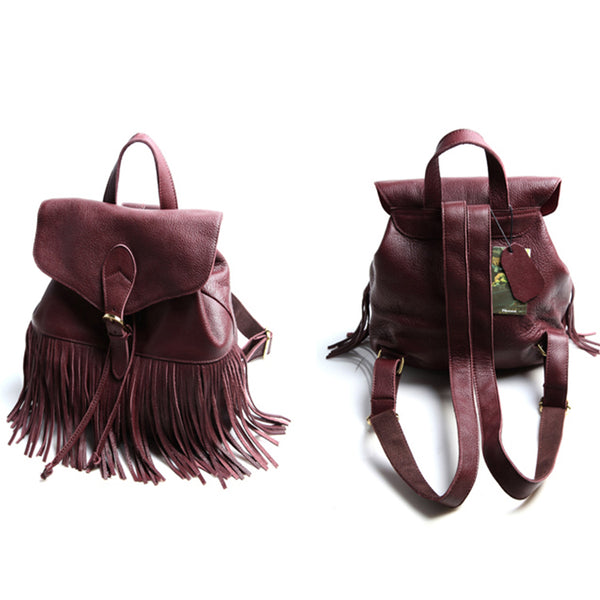 Boho Womens Leather Fringe Backpack Purse Hippie Backpack Bags for Women Cute