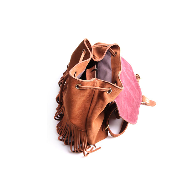 Boho Womens Leather Fringe Backpack Purse Hippie Backpack Bags for Women Outside