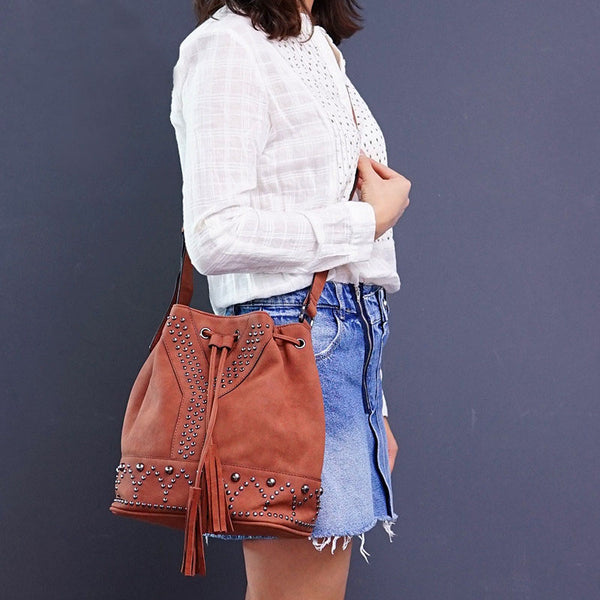 Boho Rivets Womens Vegan Leather Crossbody Bucket Bag With Fringe Beautiful