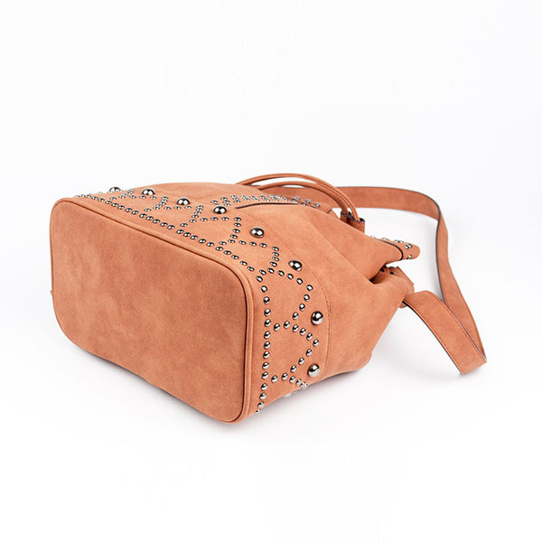 Boho Rivets Womens Vegan Leather Crossbody Bucket Bag With Fringe Designer